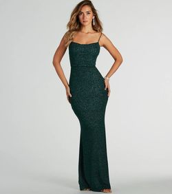 Style 05002-8434 Windsor Green Size 0 Bridesmaid Jersey Military Spaghetti Strap Mermaid Dress on Queenly