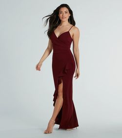 Style 05002-8396 Windsor Red Size 0 Jersey Ruffles Tall Height Side slit Dress on Queenly