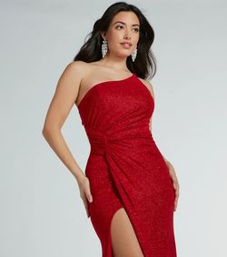 Style 05002-8163 Windsor Red Size 4 Wedding Guest One Shoulder Jersey Side slit Dress on Queenly