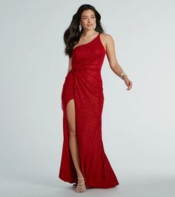 Style 05002-8163 Windsor Red Size 4 Wedding Guest One Shoulder Jersey Side slit Dress on Queenly