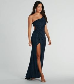 Style 05002-8166 Windsor Blue Size 0 Padded Spaghetti Strap Black Tie Side slit Dress on Queenly