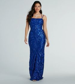 Style 05002-8101 Windsor Blue Size 4 05002-8101 Padded Sequined Spaghetti Strap Mermaid Dress on Queenly