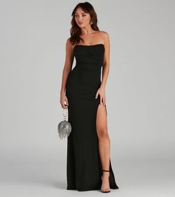 Style 05002-1204 Windsor Black Size 4 Jersey Wedding Guest A-line Tall Height Side slit Dress on Queenly