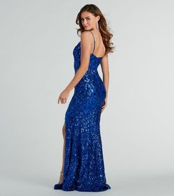 Style 05002-8087 Windsor Blue Size 4 Tall Height Sequined Spaghetti Strap Side slit Dress on Queenly
