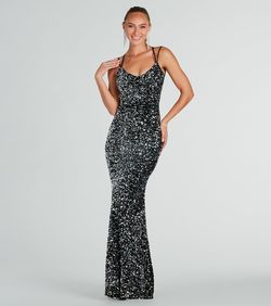 Style 05002-8260 Windsor Black Size 4 Spaghetti Strap Sequined Jersey Backless Mermaid Dress on Queenly