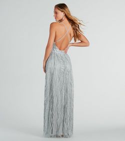 Style 05002-8002 Windsor Silver Size 4 Plunge Backless Spaghetti Strap Ball Gown Side slit Dress on Queenly