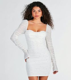 Style 05001-2157 Windsor White Size 4 Jersey Long Sleeve Prom Tall Height Side slit Dress on Queenly