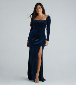 Style 05002-7610 Windsor Blue Size 0 Sweetheart Velvet Long Sleeve Floor Length Side slit Dress on Queenly
