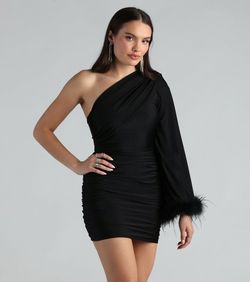 Style 05001-1769 Windsor Black Size 0 One Shoulder Long Sleeve Cocktail Dress on Queenly