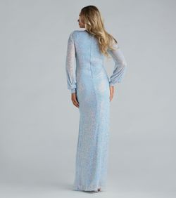 Style 05002-7480 Windsor Blue Size 0 Sequined Sheer Plunge Long Sleeve Floor Length Side slit Dress on Queenly