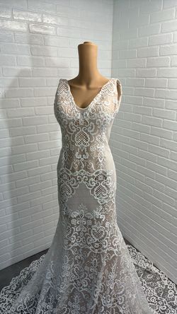 Gemy Maalouf White Size 6 Plunge Embroidery Floor Length Lace Mermaid Dress on Queenly