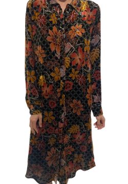 Style 1-107130753-2696 Johnny Was Orange Size 12 Floral Long Sleeve Floor Length High Neck Straight Dress on Queenly