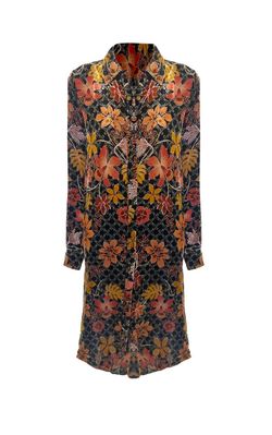 Style 1-107130753-2696 Johnny Was Orange Size 12 Floral Long Sleeve Floor Length High Neck Straight Dress on Queenly