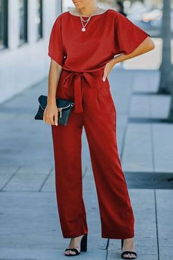 Style 1-148103824-2696 dear lover Red Size 12 Free Shipping Tall Height Belt Jumpsuit Dress on Queenly