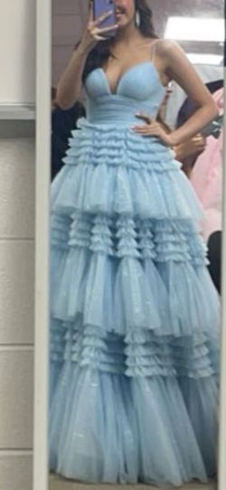 Style 54843 Sherri Hill Blue Size 0 Quinceanera Plunge Ball gown on Queenly