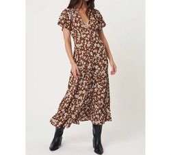 Style 1-2101536149-2793 RUE STIIC Brown Size 12 Floor Length Tall Height V Neck Straight Dress on Queenly