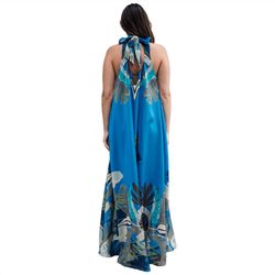 Style 1-2110637190-3236 RANNA GILL Blue Size 4 Floor Length Military Halter Straight Dress on Queenly