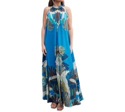 Style 1-2110637190-3236 RANNA GILL Blue Size 4 Tall Height Halter Straight Dress on Queenly