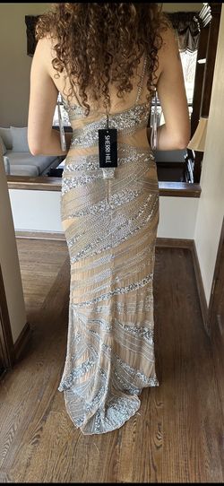 Sherri Hill crossover couture collection size 4 champaign color Gold Size 4 Jersey Floor Length Black Tie Side slit Dress on Queenly