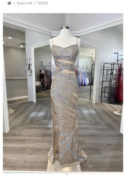 Sherri Hill crossover couture collection size 4 champaign color Gold Size 4 Jersey Floor Length Tall Height Side slit Dress on Queenly