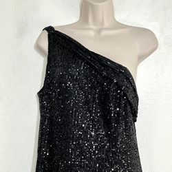 Mac Duggal Black Size 10 Side Slit One Shoulder Sequined Straight Dress on Queenly