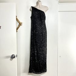 Mac Duggal Black Size 10 Floor Length Side Slit One Shoulder Straight Dress on Queenly