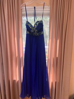 Night Moves Blue Size 4 Prom Free Shipping Plunge Jersey A-line Dress on Queenly