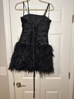 Faviana Black Size 8 Appearance Corset Feather Cocktail Dress on Queenly