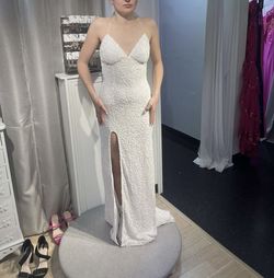 Style 61314 Scala White Size 2 Jewelled Tall Height Sequined Side slit Dress on Queenly