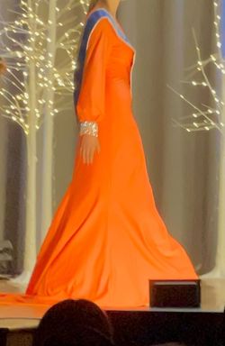 Style 54421 Sherri Hill Orange Size 4 Sleeves Prom Floor Length Jersey Side slit Dress on Queenly