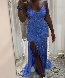 Sherri Hill Light Blue Size 4 Backless Prom Fringe Fully Beaded Mermaid Dress on Queenly