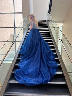 Ashley Lauren Blue Size 12 Floor Length One Shoulder Beaded Top Train Dress on Queenly