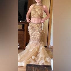 Jovani Gold Size 8 50 Off Two Piece Beaded Top Mermaid Dress on Queenly