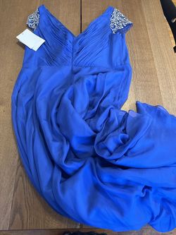 Style 67723 Mac Duggal Blue Size 20 Floor Length Jersey Prom Side slit Dress on Queenly