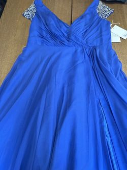 Style 67723 Mac Duggal Blue Size 20 Prom Side slit Dress on Queenly