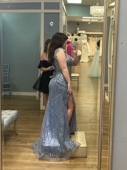 Cinderella Divine Blue Size 6 Plunge Wedding Guest Sheer Mermaid Dress on Queenly