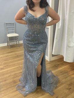 Cinderella Divine Blue Size 6 Floor Length Tulle Sequined Prom Mermaid Dress on Queenly
