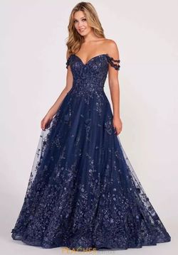 Style EW34113 Ellie Wilde Blue Size 12 Sheer Sleeves Ew34113 Floor Length A-line Dress on Queenly