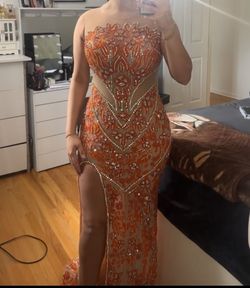 Tevam Orange Size 8 Floor Length Jersey Long Sleeve Mermaid Dress on Queenly