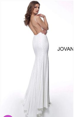 Jovani White Size 0 Floor Length Jersey Plunge Medium Height Mermaid Dress on Queenly