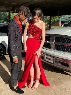 Style #54948 Sherri Hill Red Size 0 Prom Jersey Side slit Dress on Queenly