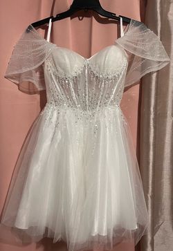 Style 245711 Cinderella Divine White Size 4 Engagement Cap Sleeve Jersey Corset Straight Dress on Queenly
