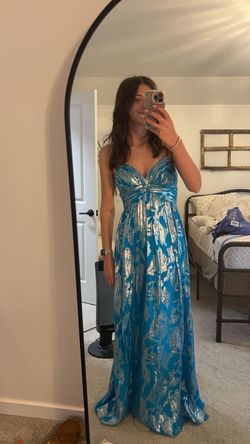 Aidan Mattox Blue Size 4 Teal Floor Length A-line Dress on Queenly