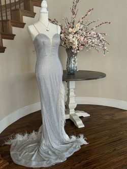 Style PS23233 Portia and Scarlett Silver Size 2 Floor Length Plunge Train Mermaid Dress on Queenly