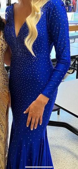 Johnathan Kayne Blue Size 8 Jersey Jewelled Long Sleeve Mermaid Dress on Queenly