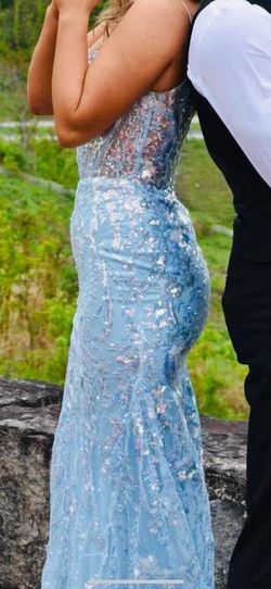 Sherri Hill Blue Size 4 Medium Height Plunge Mermaid Dress on Queenly