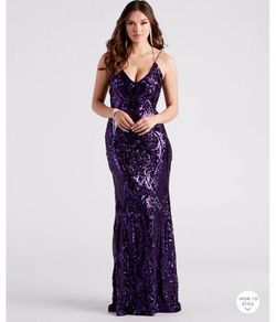 Style 05002-6883 Windsor Purple Size 14 Sheer Floor Length Jersey Mermaid Dress on Queenly