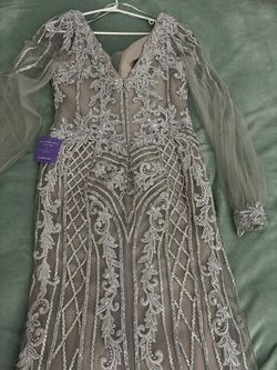 Ladivine Silver Size 12 Plus Size Floor Length Jersey Long Sleeve Mermaid Dress on Queenly