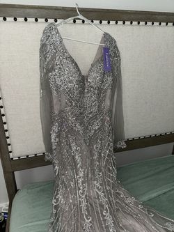 Ladivine Silver Size 12 Long Sleeve Floor Length Jersey Mermaid Dress on Queenly