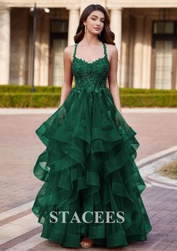Style S7735P Stacees Green Size 18 Sequined Military A-line Dress on Queenly